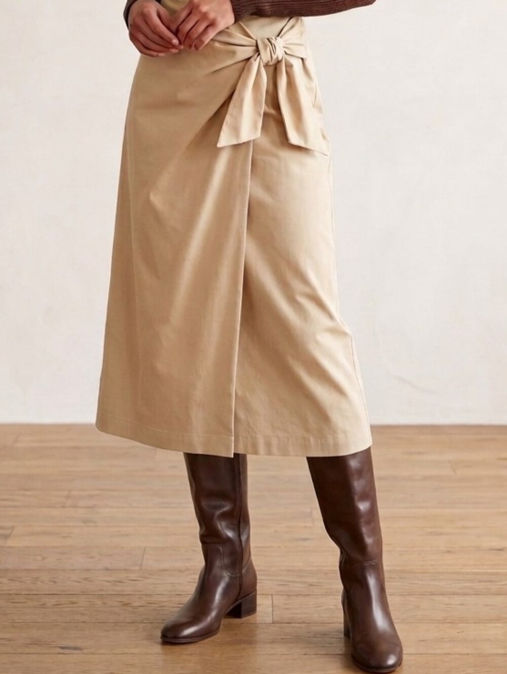 Zara Knotted Beige Faux Wrap Midi Skirt Size Small